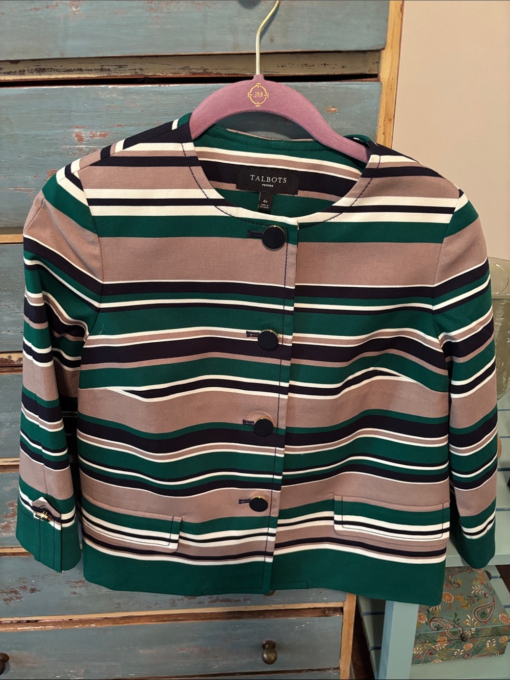 Talbots petites 4P striped Collarless Jacket in Green, Taupe and Navy